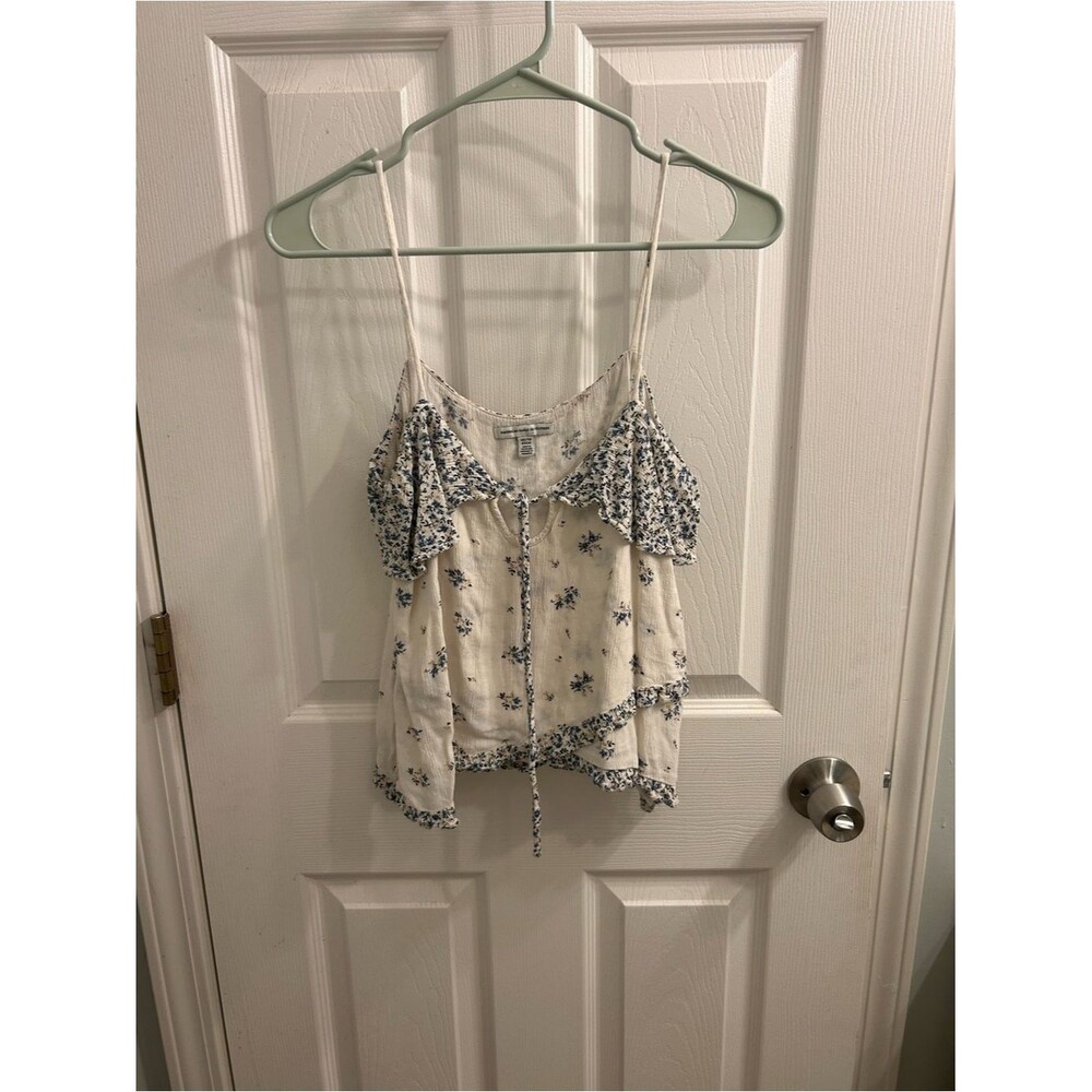 American Eagle Outfitters Cream Spaghetti-Strap Floral Tie-Front Top-XS